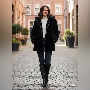 Jones New York black faux fur coat with a hood and braided trim